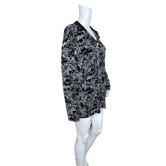 Chico's Travelers Black White Tropical Button Up Hoodie Cardigan Jacket 2 Large - Picture 2 of 7